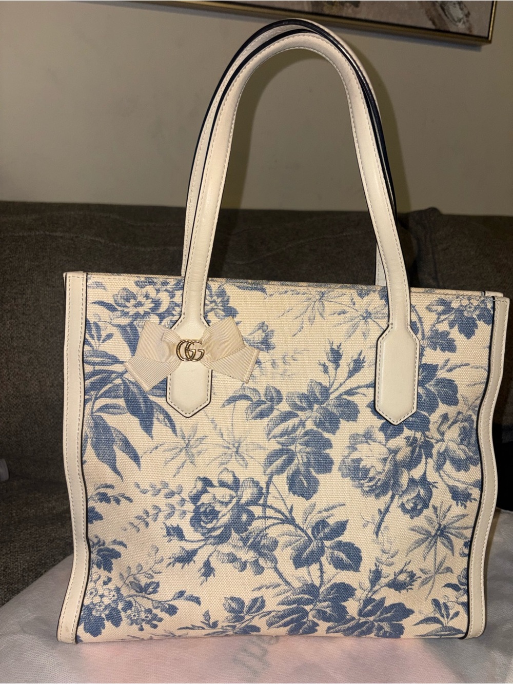 GUCCI JAPAN EXCLUSIVE TOILE BLUE AND WHITE FLORAL CANVAS AND LEATHER TOTE ITALY